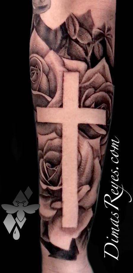 Dimas Reyes - Black and Grey Realistic Roses and Cross tattoo