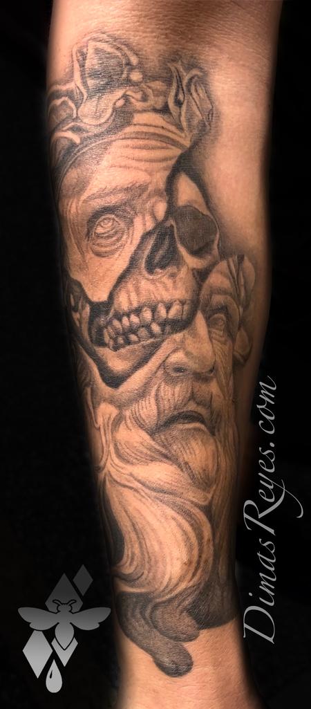 Dimas Reyes - Black and Grey Skull Mythology Portrait Tattoo