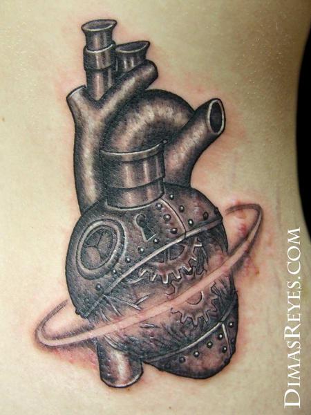 Dimas Reyes - Black and Grey Steampunk Anatomical Heart Tattoo
