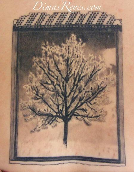 Dimas Reyes - Black and Grey Tree Polaroid Tattoo