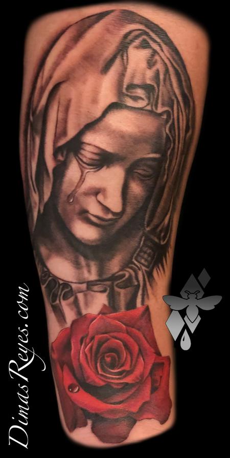 Dimas Reyes - Black and Grey Virgin Mary with Rose tattoo