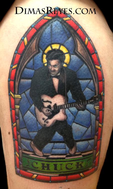 Dimas Reyes - Color Chuck Berry Stained Glass tattoo