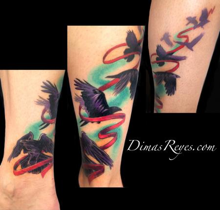 Dimas Reyes - Color Ravens and Ribbon tattoo