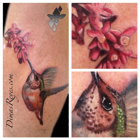 Dimas Reyes - Color Realistic Hummingbird and Flowers tattoo