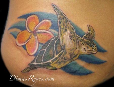 Dimas Reyes - Realistic Turtle with Plumeria Tattoo