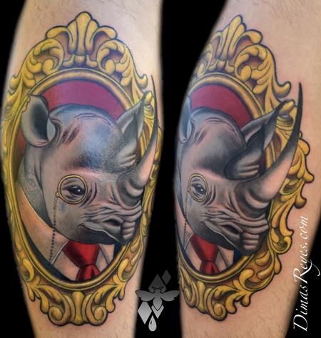 Dimas Reyes - Color Neo Traditional Rhino in Frame tattoo