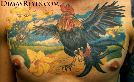 Dimas Reyes - Color Rooster Chest Tattoo