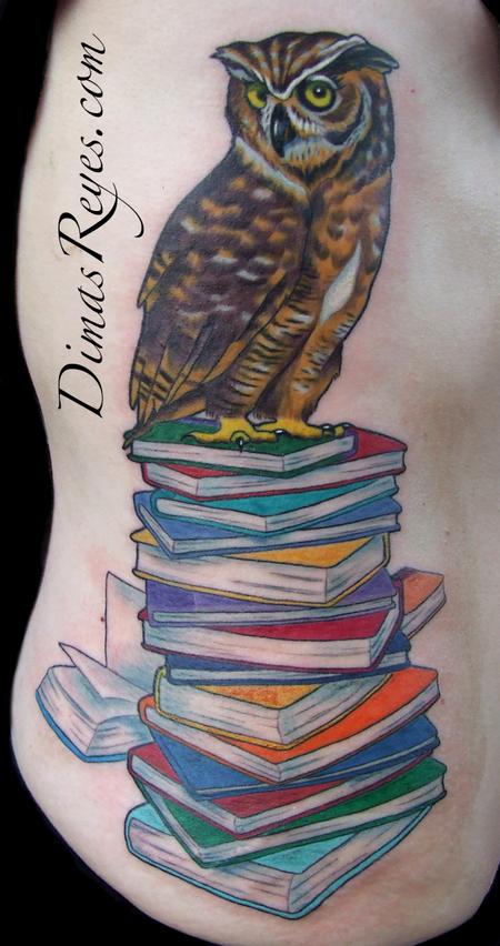 Dimas Reyes - Color Wise Owl on Books tattoo