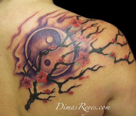 Dimas Reyes - Color Cherry Blossom Branch with Yin Yang Tattoo