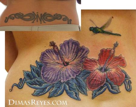 Dimas Reyes - Color Hibiscus Flowers with Dragonfly Tattoo