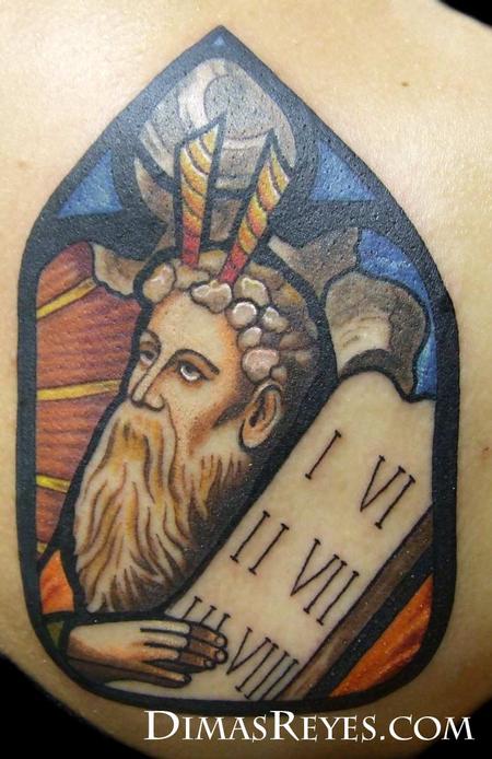 Dimas Reyes - Full Color Moses Stained Glass Window Tattoo