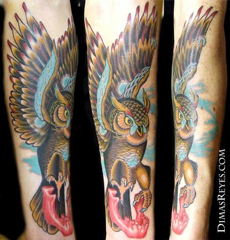 Dimas Reyes - Full Color Traditional Owl Tattoo