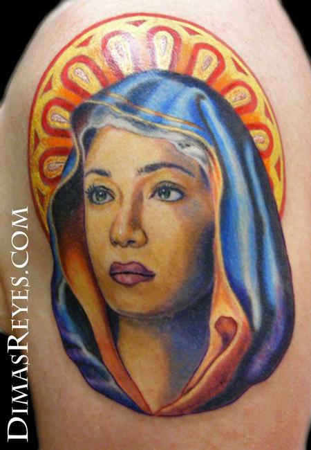 Dimas Reyes - Mother Mary Color Portrait with Halo Tattoo