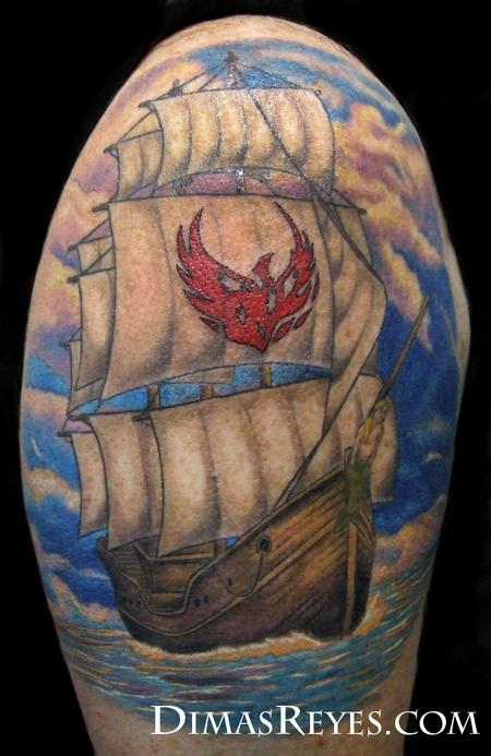 Dimas Reyes - Color Full Sail Pirate Ship tattoo