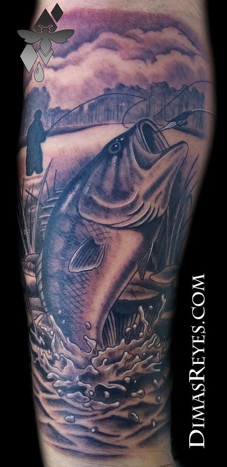 Dimas Reyes - Black and Grey Bass Fishing Everglades Tattoo
