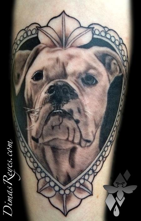 Dimas Reyes - Black and Grey Dog Portrait Frame Tattoo