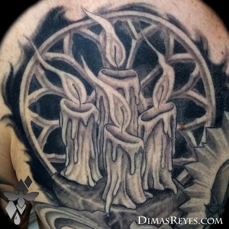 Dimas Reyes - Black and Grey Faith Tattoo Candles detail