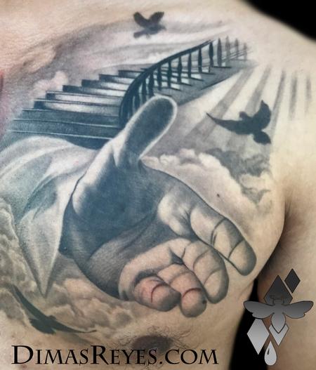 Dimas Reyes - Black and Grey Heaven and Hell tattoo detail