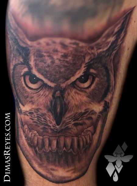 Dimas Reyes - Black and Grey Horned Owl Jawbone Tattoo