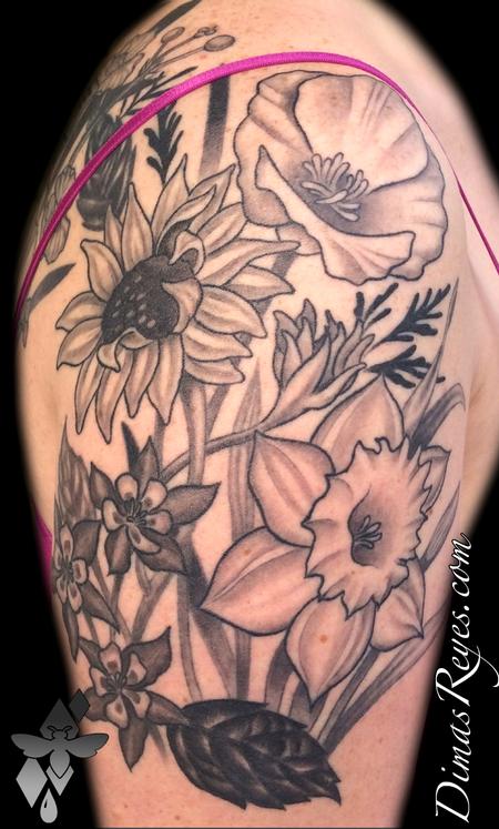 Dimas Reyes - Black and Grey Wild Flowers Tattoo