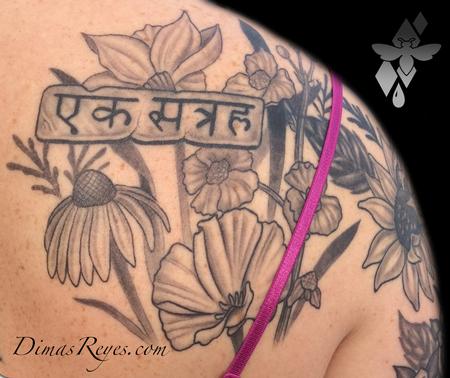 Dimas Reyes - Black and Grey Wild Flowers Tattoo