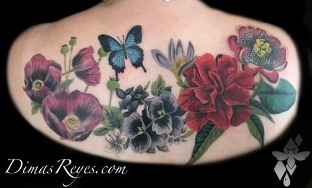 Dimas Reyes - Realistic Color Butterfly and Flowers Tattoo