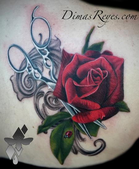 Dimas Reyes - Realistic Color Rose Shears and Ladybug with Filligree