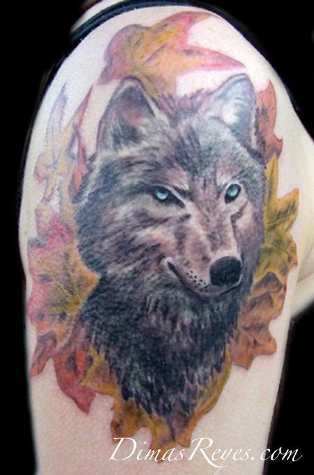 Dimas Reyes - Wolf with Leaves Tattoo