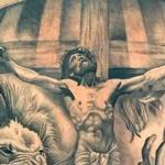 Tattoos - Black and Grey Religious Jesus Cross Portrait Lion Lamb Eve Serpent Back Tattoo - 145837