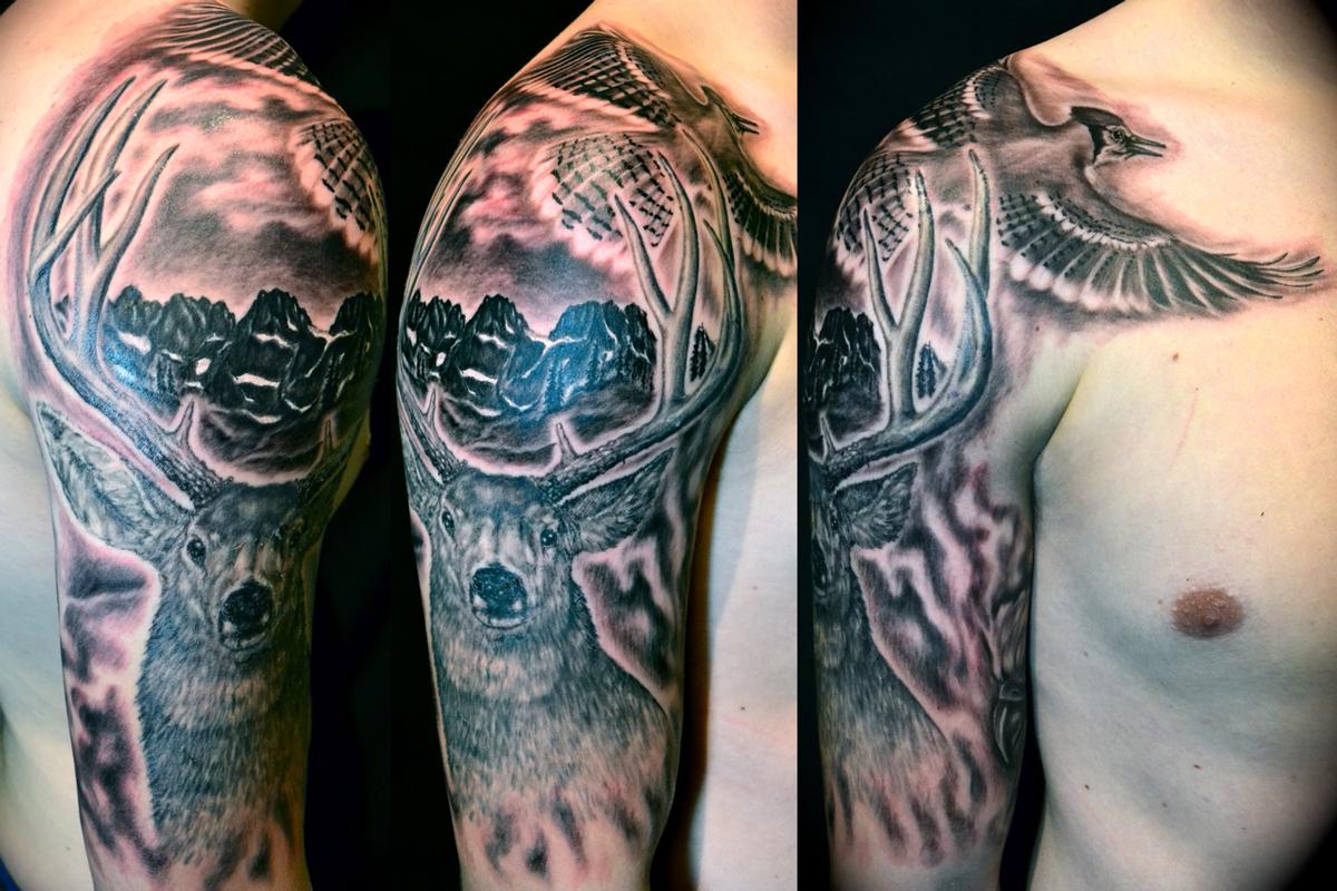 Mule Deer, Eagle, Blue Jay Sleeve by Ryan El Dugi Lewis: TattooNOW