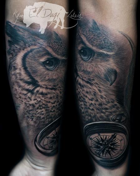 Tattoos - Great horned owl and compass  - 116702