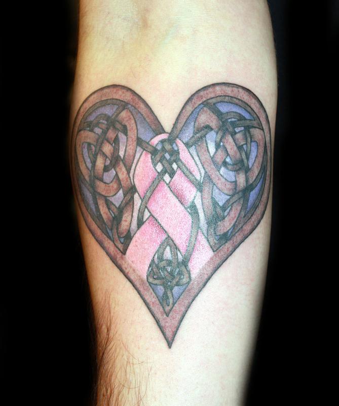 Color celtic heart and breast cancer ribbon tattoo by Angela Leaf: TattooNOW