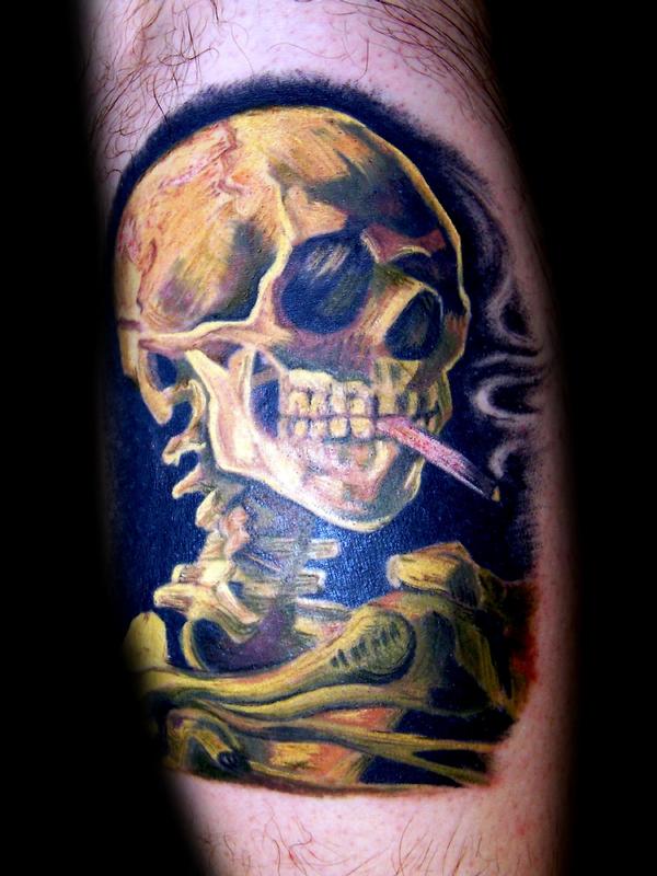 van gogh's skeleton with cigarette color tattoo by Angela Leaf: TattooNOW