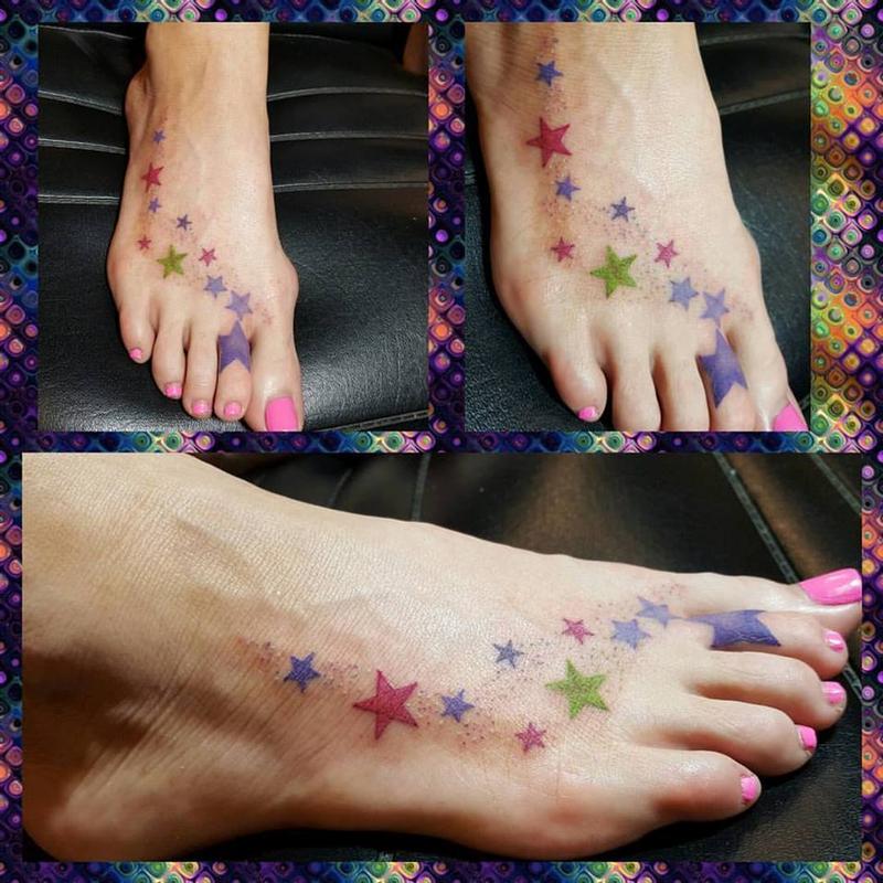 Colorful Stars Tattoo up the Foot by Stef aka Keki: TattooNOW