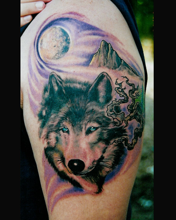 Forbidden Images Tattoo Art Studio : Tattoos : Nature : Wolf and moon tattoo