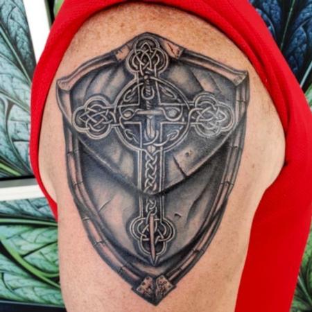 Tattoos - Celtic Cross Embedded within a Battle-torn Shield - 142236