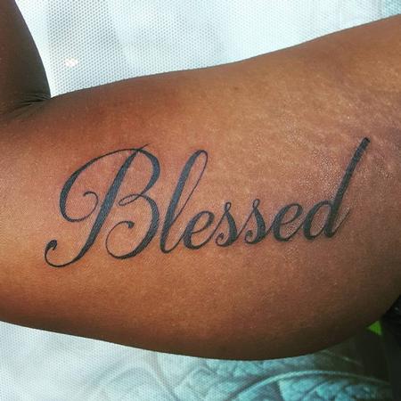 Stef aka Keki - Blessed Script Tattoo