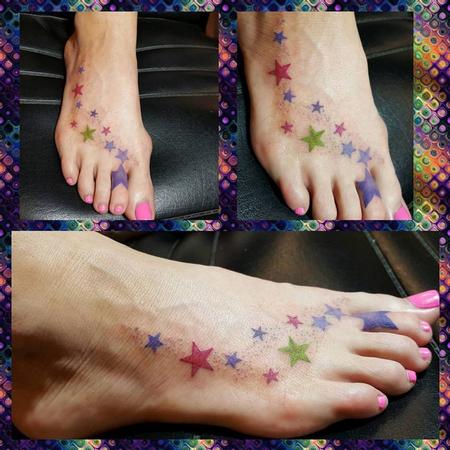 Stef aka Keki - Colorful Stars Tattoo up the Foot