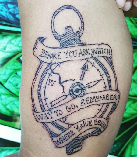 Stef aka Keki - Compass & Banner Tattoo on inner-upper Arm