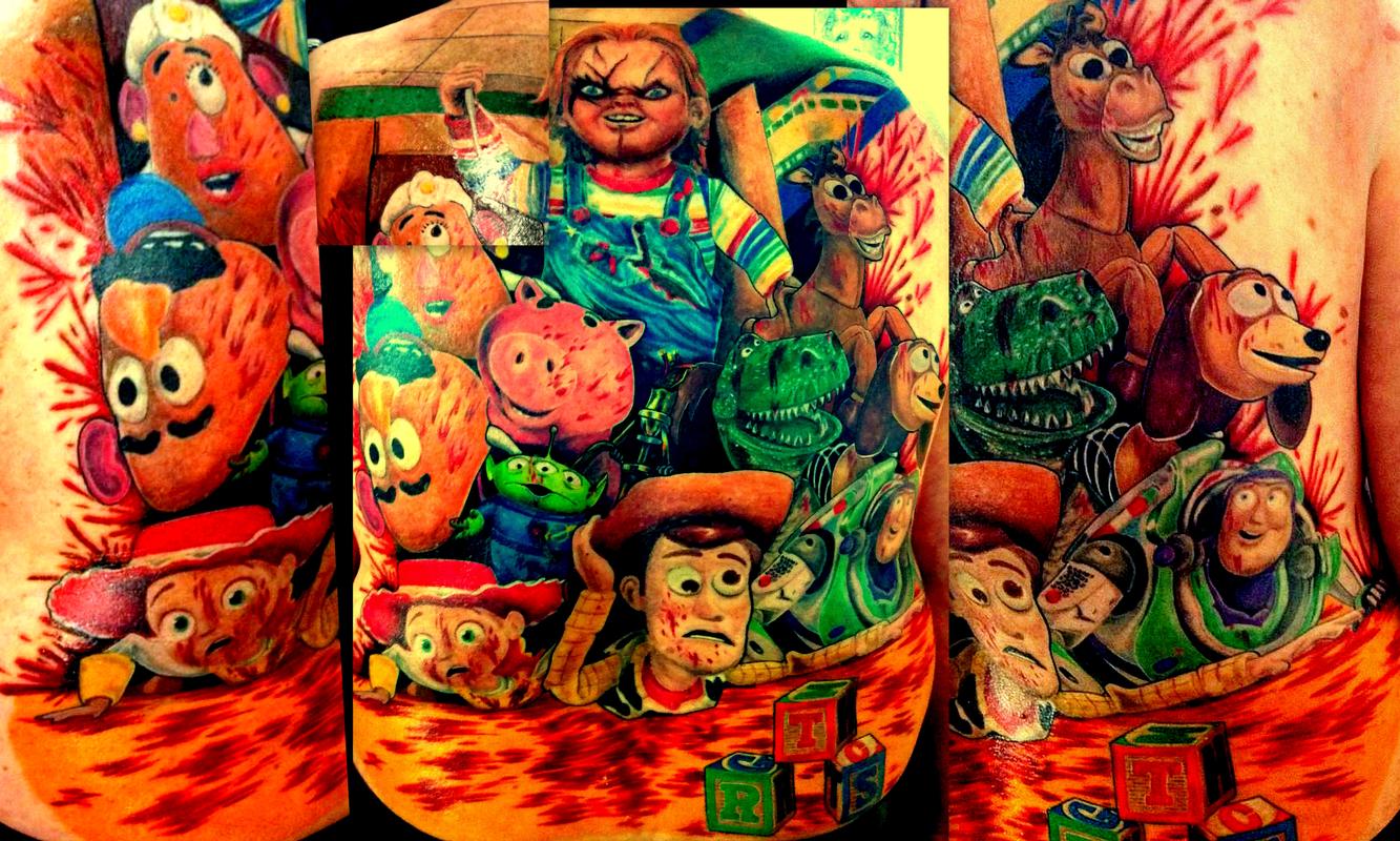 chucky killing toy story full back by Haley Adams TattooNOW