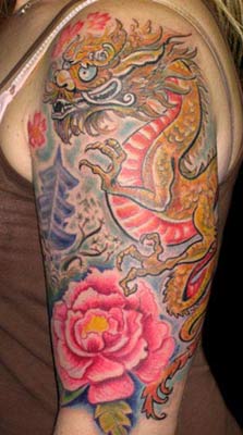 Tattoos - Asian Dragon with Flower - 28505
