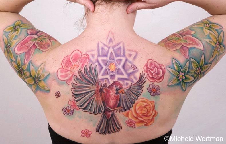 Amy cardinal upper back piece by Michele Wortman: TattooNOW Amy cardinal upper back piece by Michele Wortman: TattooNOW