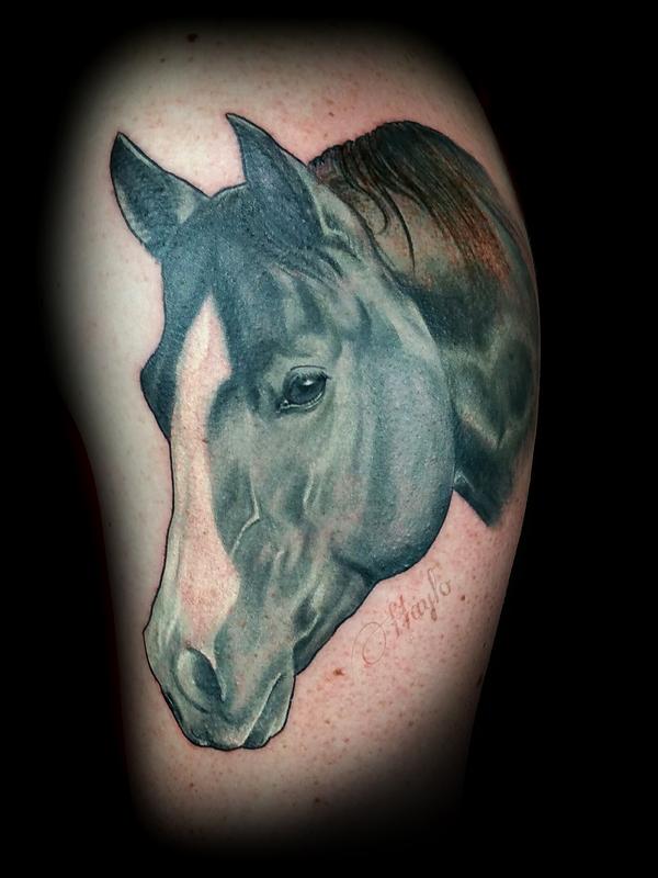 Realistic horse tattoo on the right lower leg