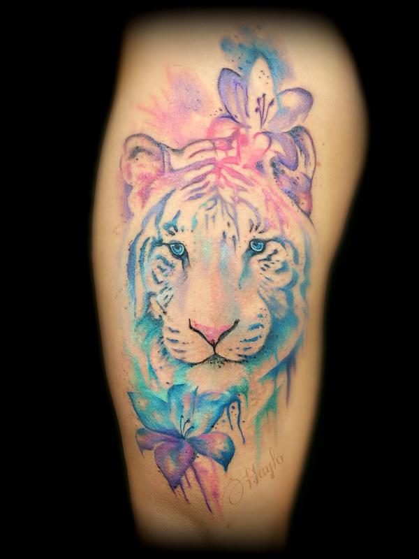 Watercolor style Tiger face with lilies by Haylo: TattooNOW