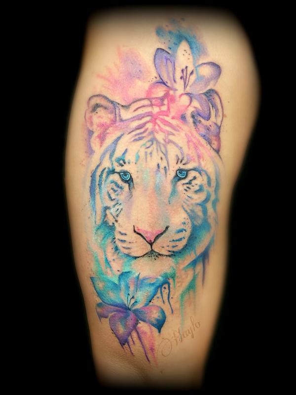 Watercolor style Tiger face with lilies by Haylo: TattooNOW Watercolor style Tiger face with lilies by Haylo: TattooNOW