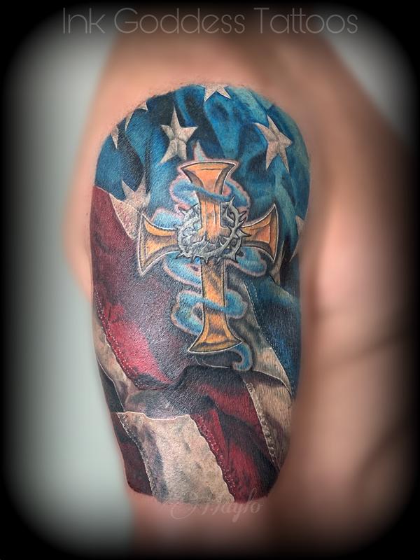 Soldiers cross with American flag background  Tattoos by Stevie Garza