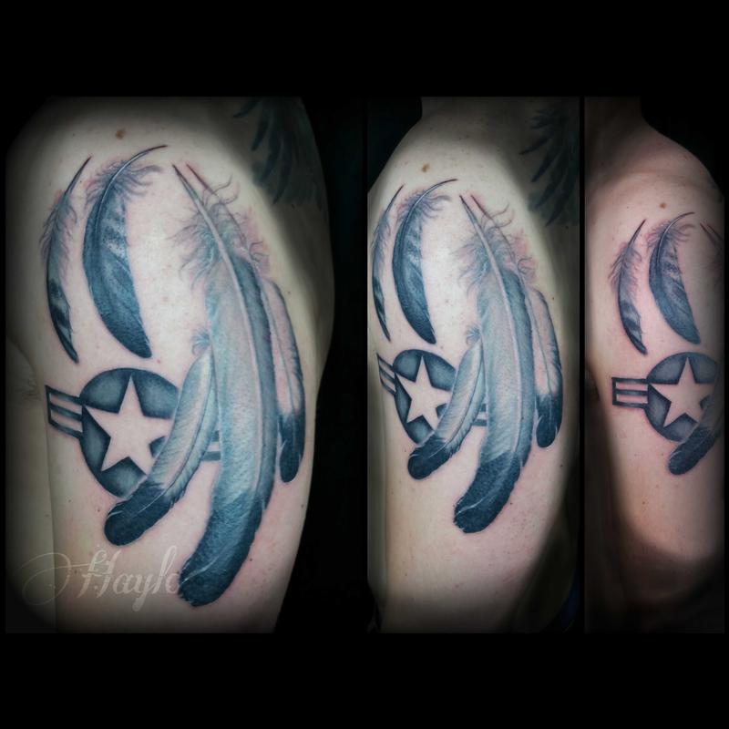 realistic feathers with vintage air force logo by Haylo: TattooNOW