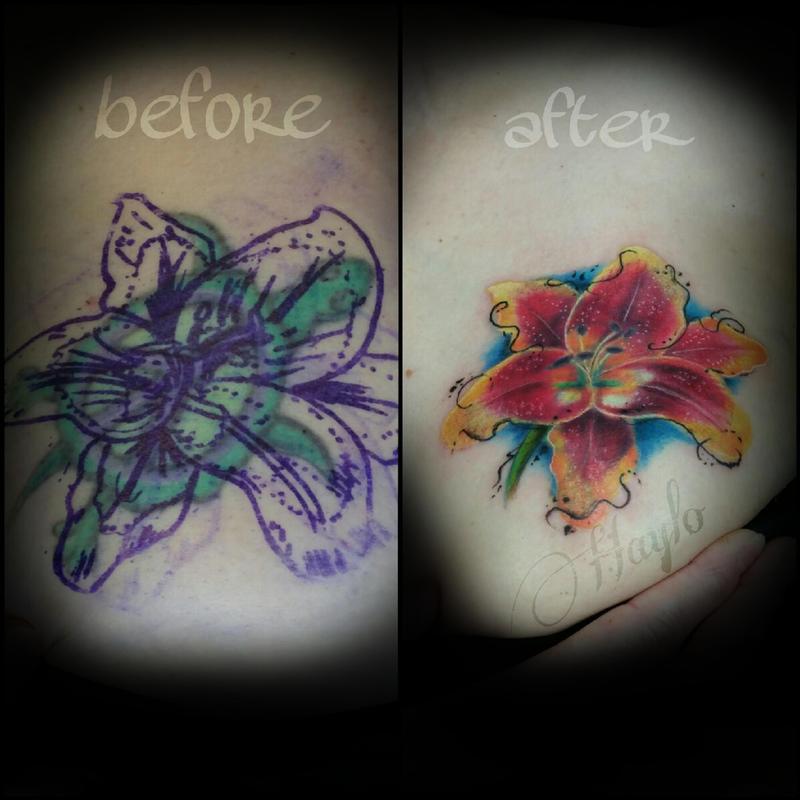 Aged turtle tattoo cover up with watercolor and realist style lily by  Haylo: TattooNOW