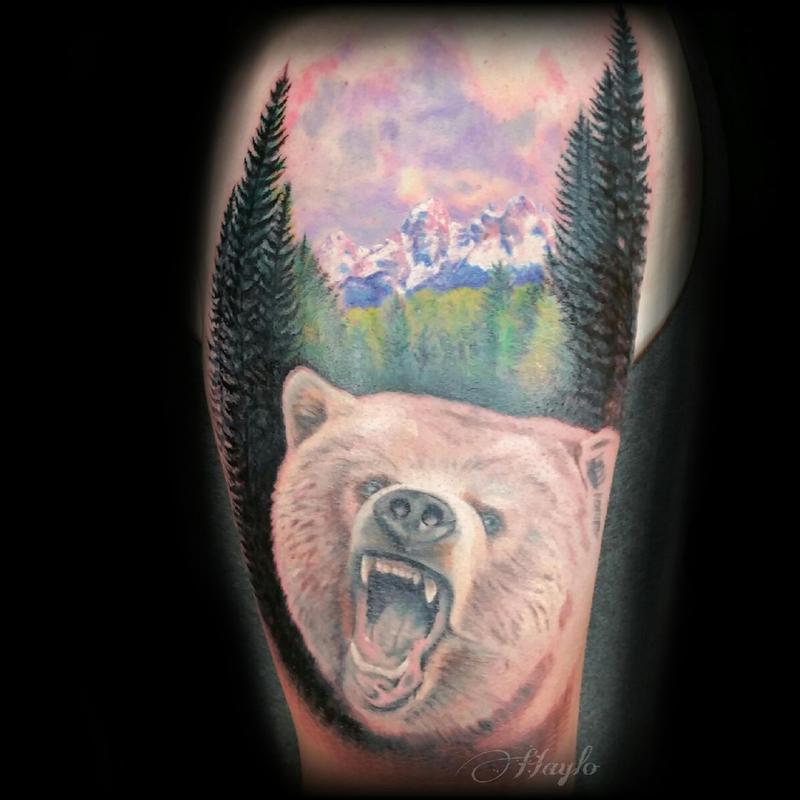 Progression of a Grizzly Bear with the Tetons Mountain range in the background by Haylo: TattooNOW Progression of a Grizzly Bear with the Tetons Mountain range in the background by Haylo: TattooNOW