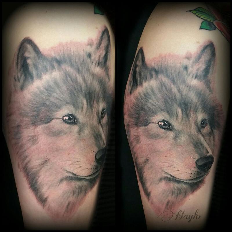 Realistic style black and gray wolf half sleeve tattoo by Haylo: TattooNOW